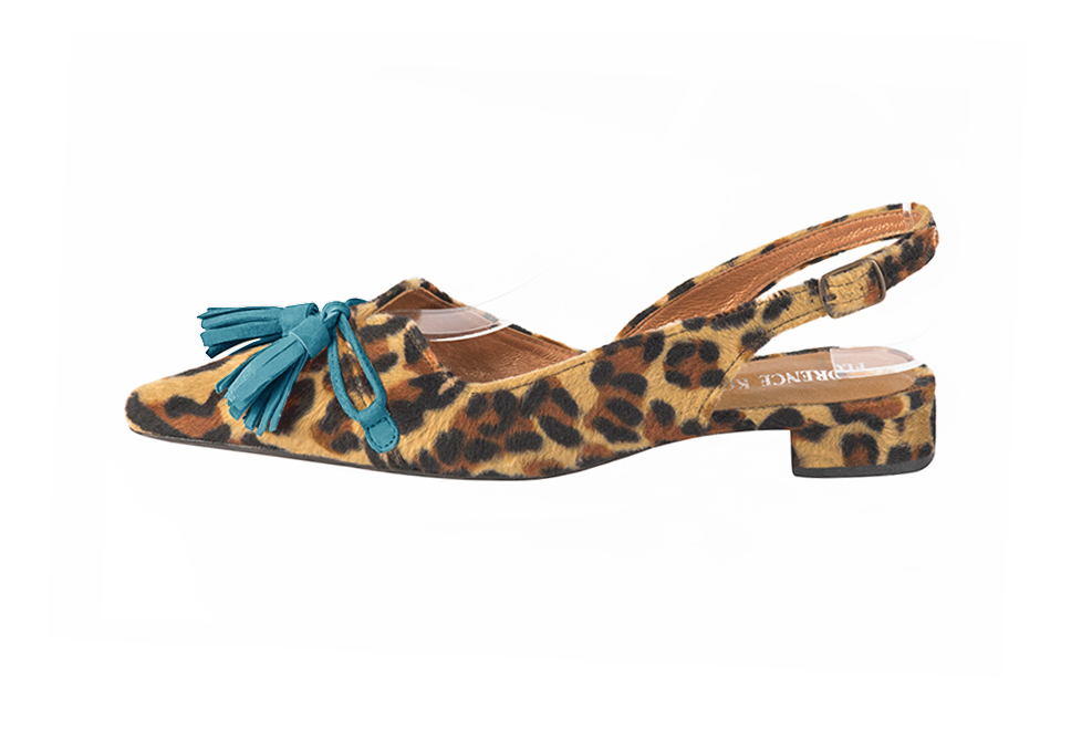 Women's animal print and peacock blue elegant slingback heels, with a bow on the front. Pointed toe. Flat flare heels - Profile view